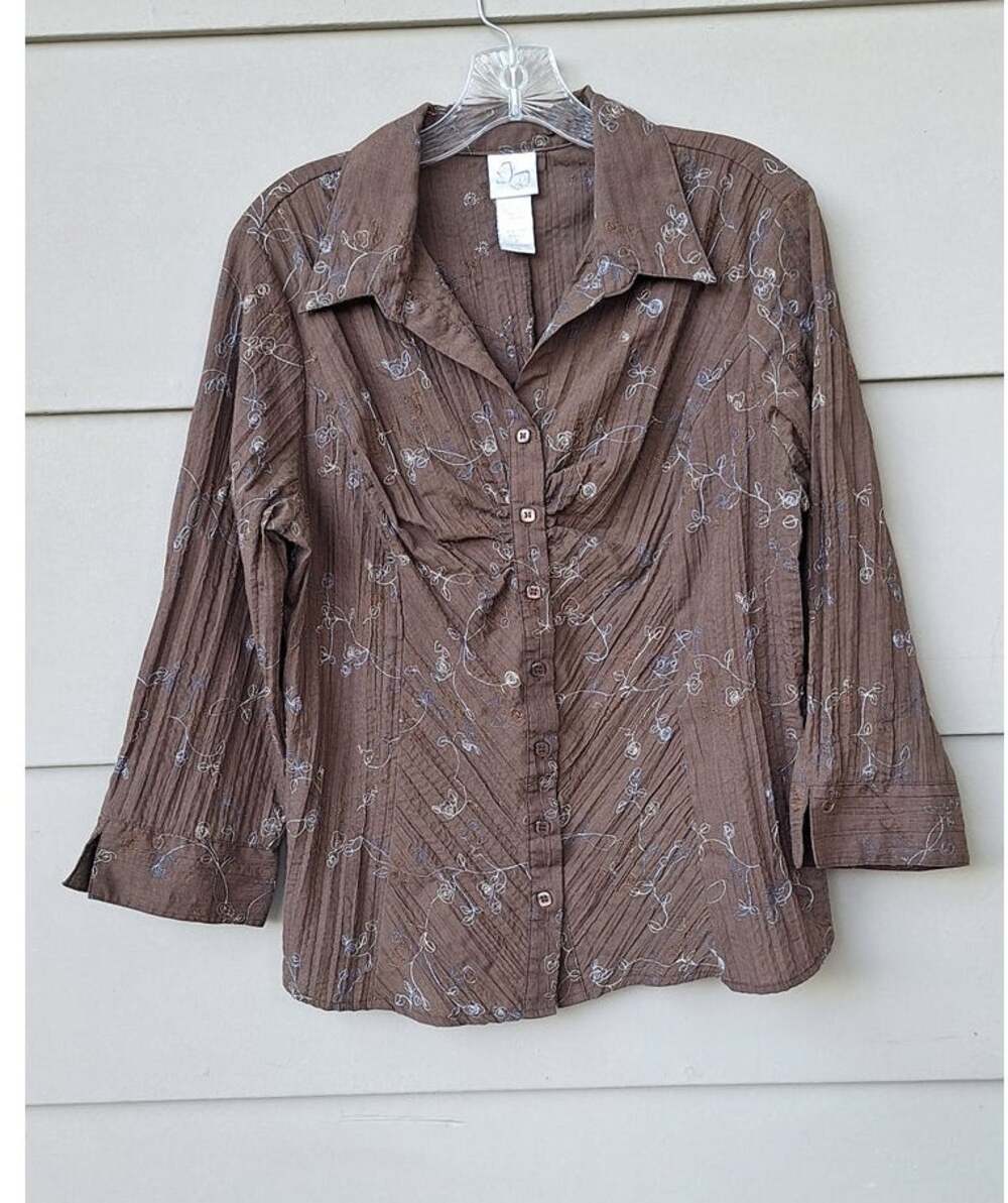 Womens Crepe Pleated Chocolate Brown Embroidered Blouse Top Shirt Cotton blend L